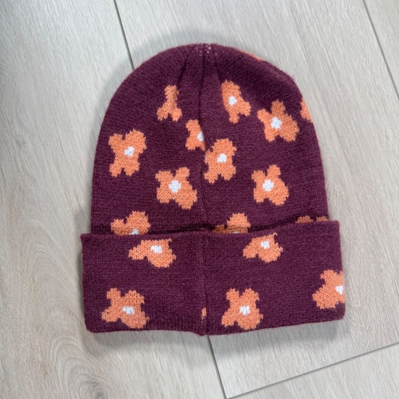 Flower Beanie Knit Hat Burgundy‎ Orange One Size Winter Knitwear Cute - Picture 3 of 7